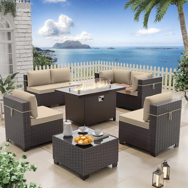 Halmuz 8-Piece Wicker Patio Conversation Set with 55000 BTU Aluminum Gas Fire Pit Table, Glass Coffee Table and Sand Cushions