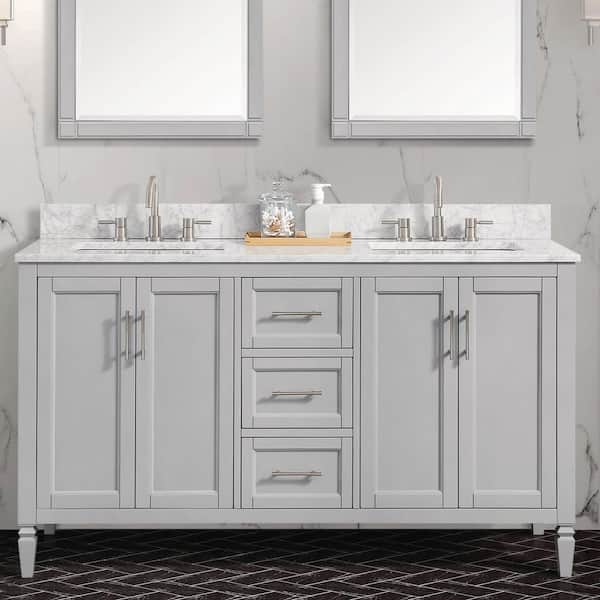 Stockham 61 in. W x 22 in. D x 35 in. H Double Sink Freestanding Bath Vanity in Chilled Gray with Carrara Marble Top