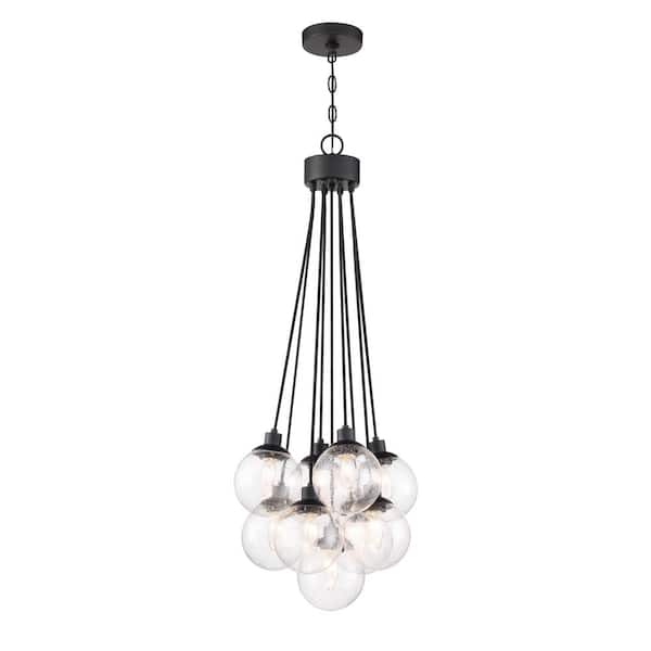 Que 40-Watt 9-Light Flat Black Finish Dining/Kitchen Island Pendant Light w/ Seeded Glass Shade, No Bulbs Included