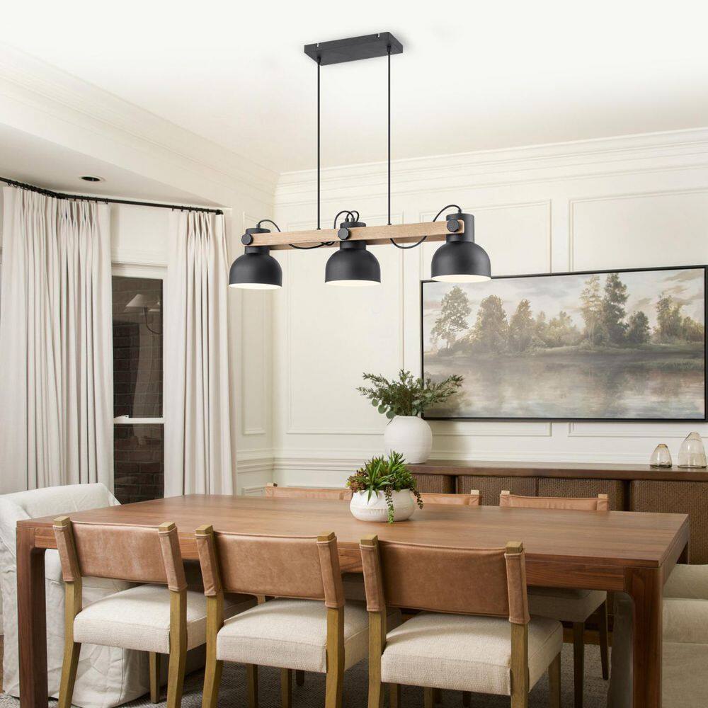 33 in. 3-Light Industrial Black and Wood Pendant Light with Iron Dome Shades for Dining Room price history on PriceWatchPro