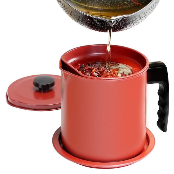 Bacon Grease Container with Fine Mesh Strainer Iron Cooking Oil Can with Removable a Coaster Tray Red