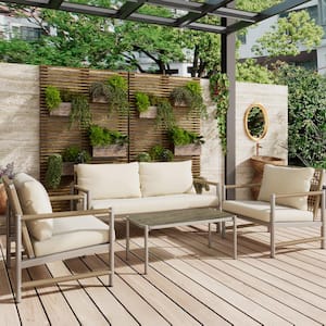 4-Piece Metal Patio Outdoor Sectional Set with Beige Cushions and Tempered Glass Tabletop for Garden Poolside Balcony