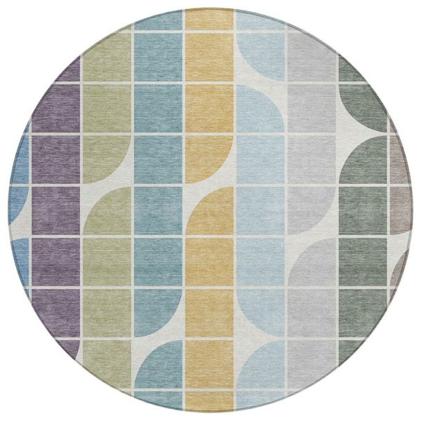 Chantille Machine Washable Indoor/Outdoor Abstract ACN2418 Seafoam 8 ft. x 8 ft. Round Rug