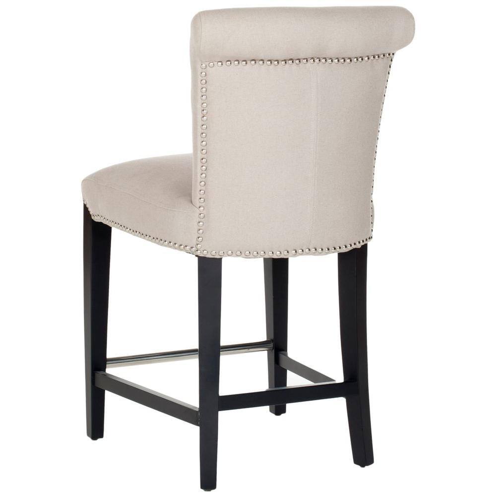 Transitional Beige Linen & Birch Wood Counter Stool with Nailhead Detail