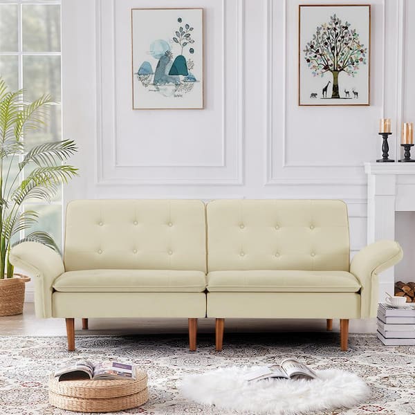 Seafuloy 66.93 in. Wide Beige Adjustable Flared Arm Polyester Straight Twin Size Sofa Bed