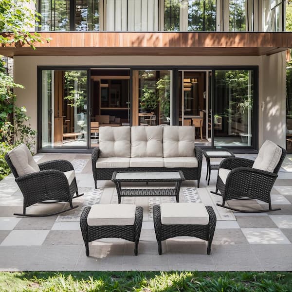 Black 7-Piece Wicker Patio Conversation Set with Rocking Chairs, Outdoor Sofa Seating Set with Olefin Beige Cushions