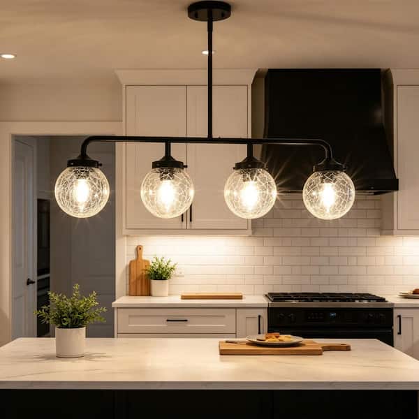 Lume 33 in. 4-Light Modern Industrial Black Linear Chandelier with Clear Cracked Glass for Kitchen Island Dining Room