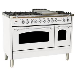 48 in. 5.0 cu. ft. Double Oven Dual Fuel Italian Range with True Convection, 7 Burners, Griddle, Chrome Trim in White