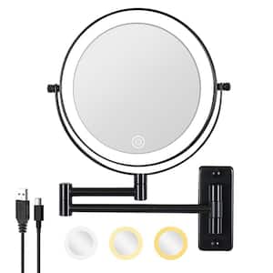 8 in. W x 8 in. H LED Round Framed Black Mirror, Height Adjustable, 1X/10X Magnification Mirror, 360° Swivel