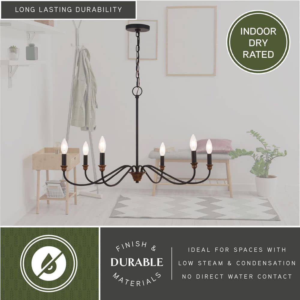 Annabelle 30" Matte Black & Brushed Walnut 6-Light Chandelier