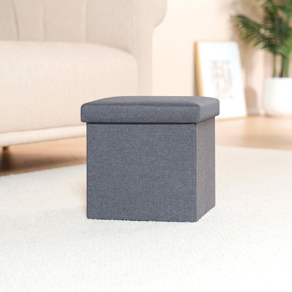 Grey Linen Upholstered Cube Ottoman Pouf, Square Shape, 1 Piece