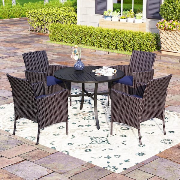 PHI VILLA Black 5-Piece Metal Patio Outdoor Dining Sets with Stamped Round Table and Rattan Chairs with Blue Cushion