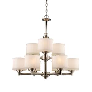 Cahill 9-Light Brushed Nickel Tiered Chandelier with Frosted Glass Shades