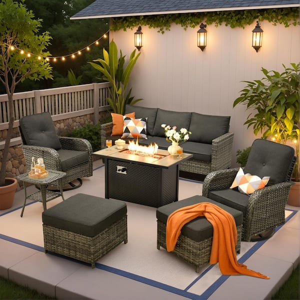 Daphne 7-Piece Wicker Patio Conversation Sofa Swivel Rocking Chairs Set with Metal Fire Pit and Black Cushions