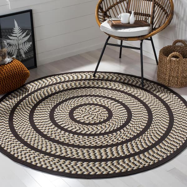 Braided Ivory/Dark Brown 4 ft. x 4 ft. Round Border Area Rug