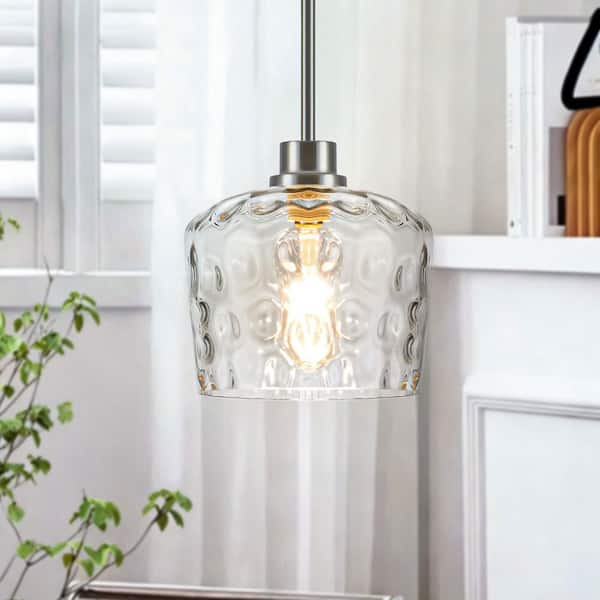 RayHome 1-Light Modern Brushed Nickel Adjustable Height Pendant Light with Hand-Blow Hammered Glass for Kitchen Bedroom