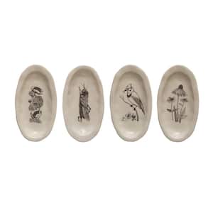 5.5 in. Beige Stoneware Platters with Nature-Themed Prints (Set of 4)