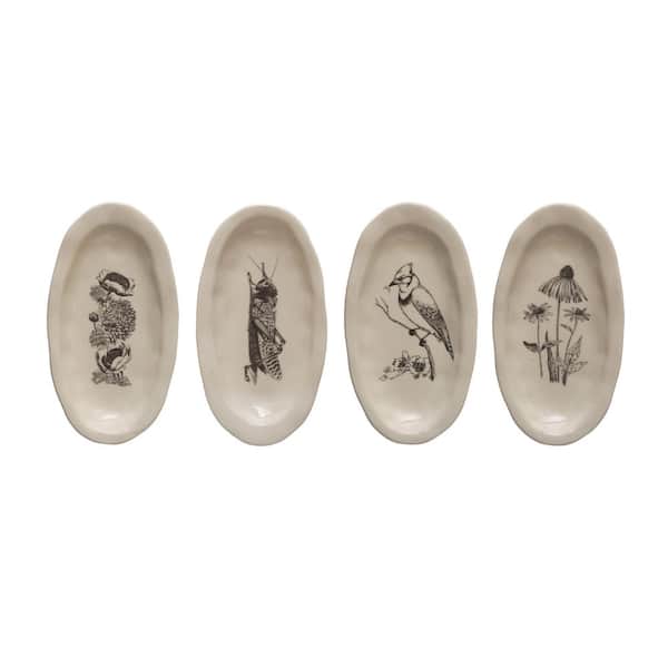 Storied Home 5.5 in. Beige Stoneware Platters with Nature-Themed Prints (Set of 4)