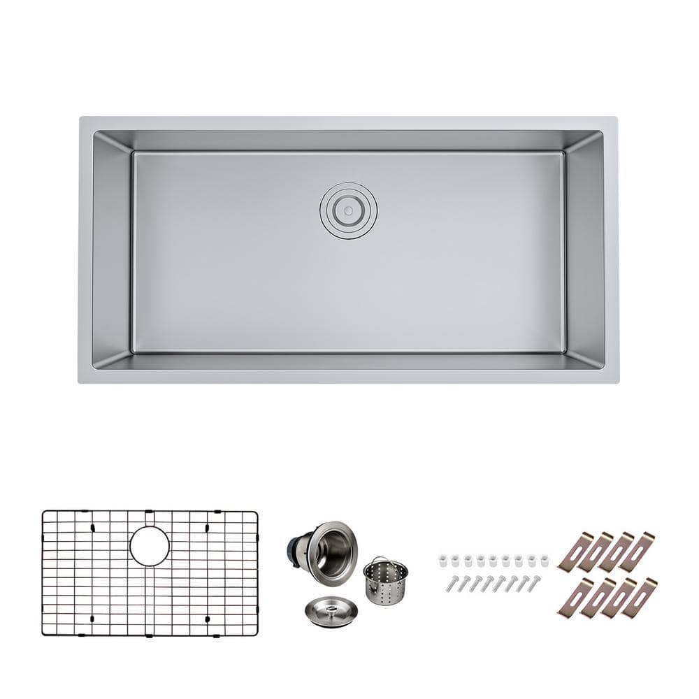 Bryn Stainless Steel 16- Gauge 36 in. Single Bowl Undermount Kitchen Sink with Bottom Grid, Drain -  PELHAM & WHITE, PWS161