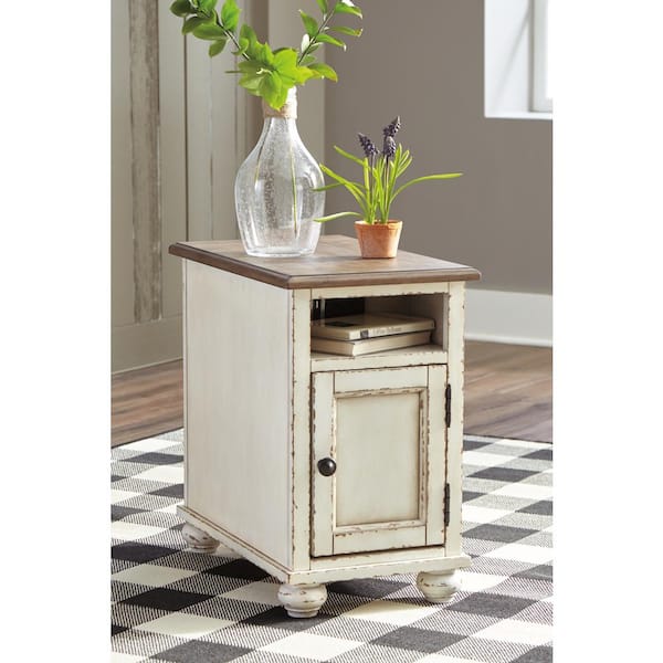 Signature Design By Ashley Realyn 14 in. White/Brown Rectangle Wood Chairside End Table with USB Ports and Outlets