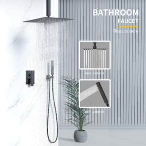Single-Handle 2-Spray 16 in. Ceiling Mount Rainfall Shower Heads Brass Construction Hand Shower Faucet in Matte Black