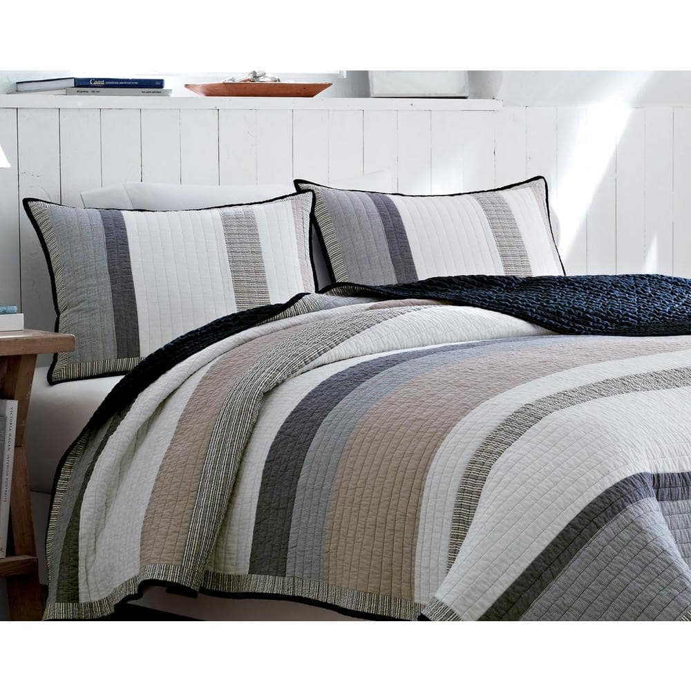 King Size Blue and Gray Cotton Reversible Quilt Set