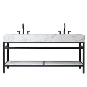 Ecija 72 in.W x 22 in.D x 33.9 in.H Double Sink Bath Vanity in Matte Black with White Stone Top