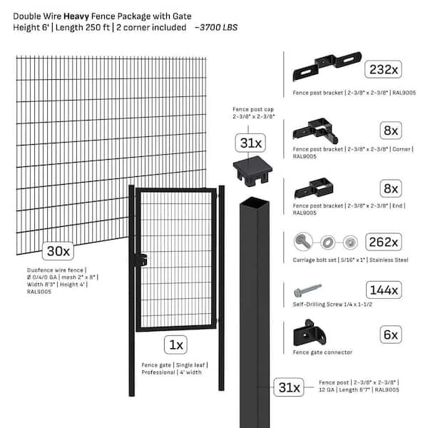 Double-Wire Heavy Duty 250 ft. x 6 ft. Steel Flat Top Spaced Black Fence Panel Package with Gate (30-Pack)