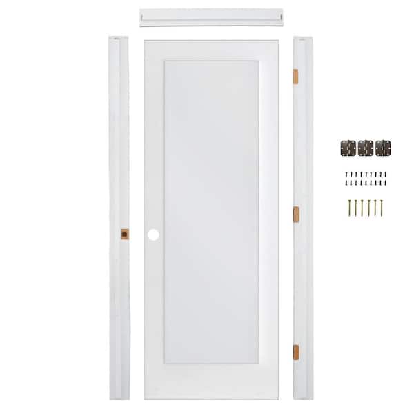 30in.x80in. 1-Lite Right-Hand Frosted Glass MDF Primed Single Assembly Required Interior Door Kit w/ Quick Assemble Jamb