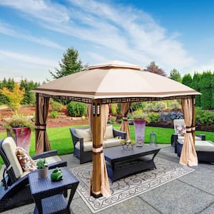 Pika 10 ft. x 12 ft. Beige Outdoor Garden Patio Double Roof Canopy Gazebo with Side Curtains and Led Lamps