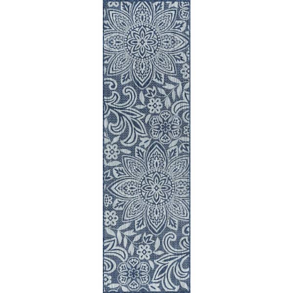 Tayse Rugs Veranda Floral Navy 3 ft. x 8 ft. Indoor/Outdoor Runner Rug