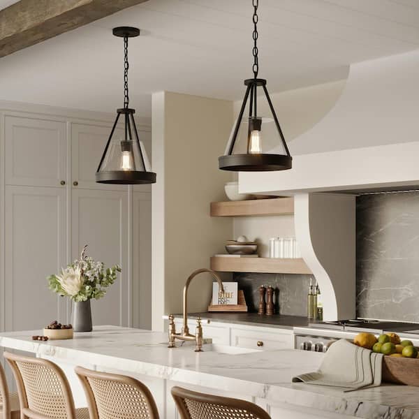 Aleswith Collection 12 in. 1-Light Matte Black Rustic Modern Pendant for Hall and amp; Foyer, Kitchen and Bar