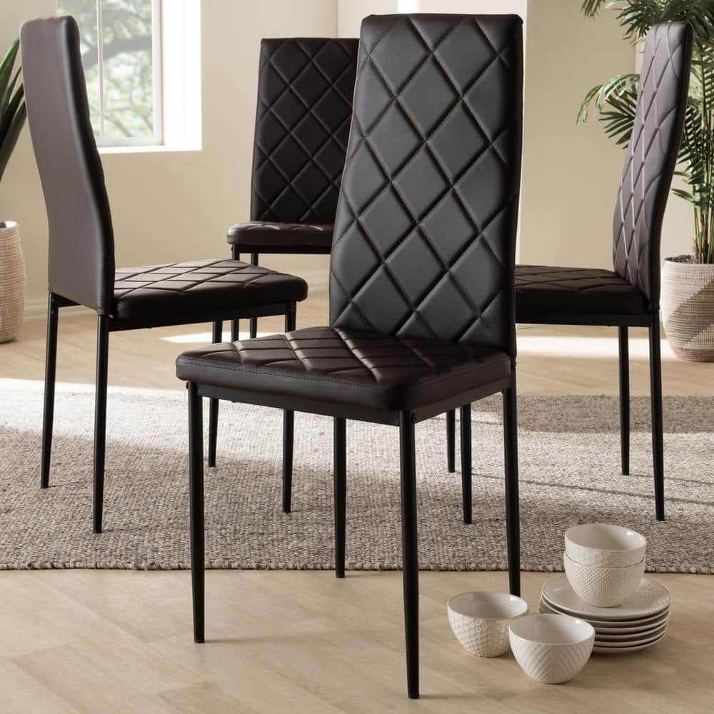 Set of 4 Brown Faux Leather Parsons Dining Chairs with Metal Legs
