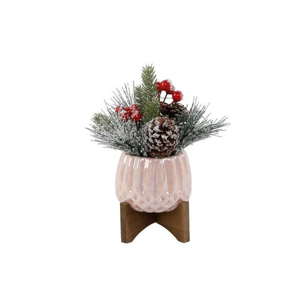 Flora Bunda 8 in. H Artificial Christmas Mix in 4 in. Pink Ceramic Cupcake on Stand