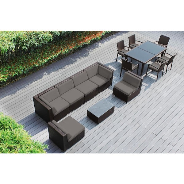 Ohana Depot Ohana Dark Brown 14-Piece Wicker Patio Conversation Set with Stackable Dining Chairs and Sunbrella Taupe Cushions