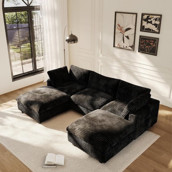 J&E Home 118.11 in. Square Arm 5-Piece Faux Rabbit Fur Fabric Free Combination Modular Sectional Sofa with Ottoman in Black