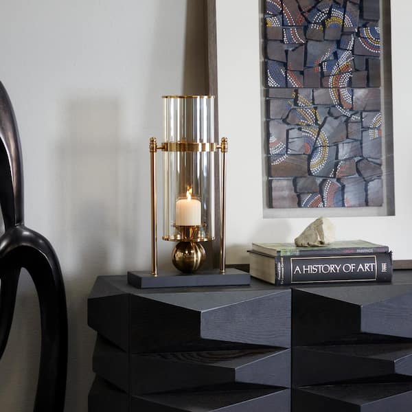 CosmoLiving by Cosmopolitan 17 in. Gold Metal Pillar Hurricane Lamp