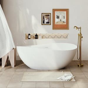 63 in. Stone Resin Flatbottom Solid Surface Freestanding Roll Top Soaking Bathtub in White with Brass Drain