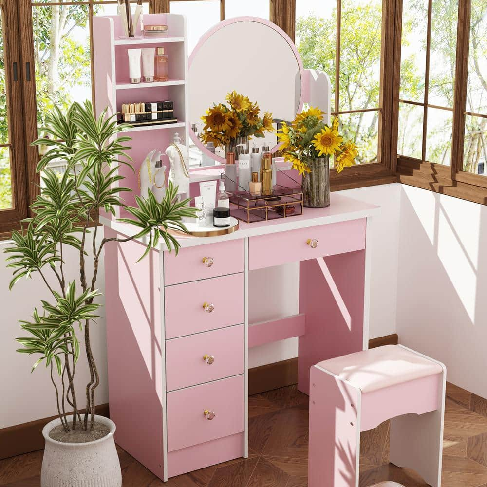 FUFU GAGA 5 Drawers Pink Makeup Vanity Dressing Table Set with Stool Mirror and Storage Shelves Girls Dressing Table WFKF210095 02 The Home Depot