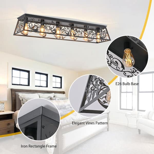 Genoci 45.28 in. 6-light Black Farmhouse Dimmable Flush Mount with