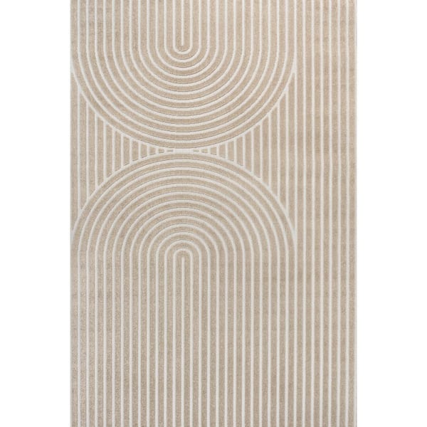 Sofia High-Low MidCentury Modern Arch Stripe 2-Tone Beige/Cream 5 ft. x 8 ft. Indoor/Outdoor Area Rug