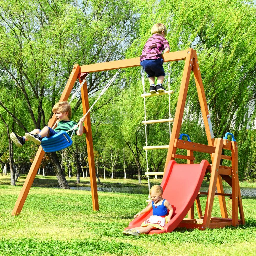 GOGEXX 95 in. L x 95 in. W x 73 in. H Wooden Swing Set with Slide ...