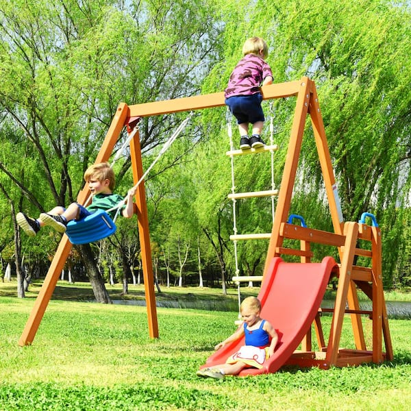 GOGEXX 95 in. L x 95 in. W x 73 in. H Wooden Swing Set with Slide, Outdoor Playset Backyard Activity Climb Swing for Toddlers
