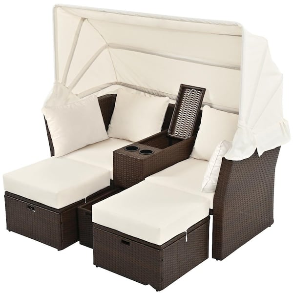 Unbranded 2-Seater Brown Wicker Double Outdoor Day Bed with Beige Cushions and Foldable Awning