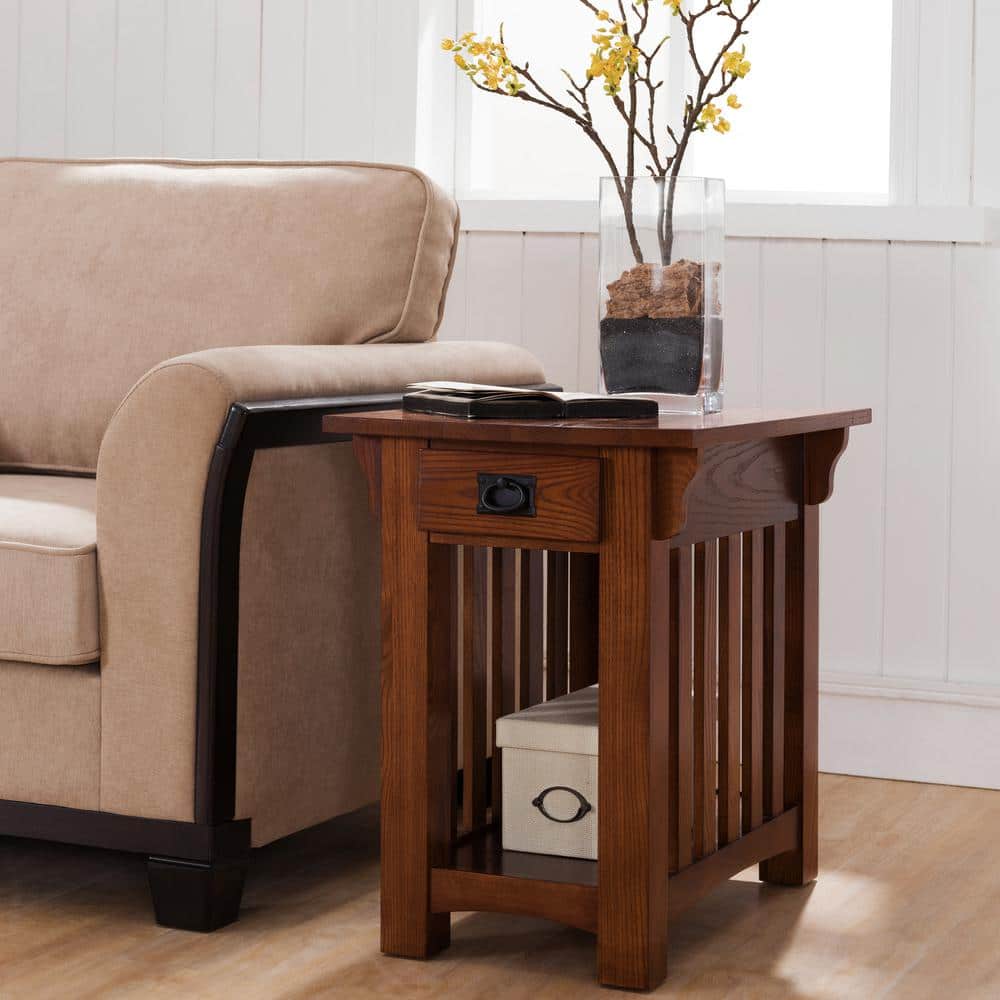 Medium Oak Mission Style Side Table with Drawer and Shelf