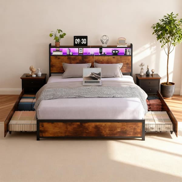 Brown Metal Frame King Platform Bed with 4 Storage Drawers, Built in Charging Station and LED Light