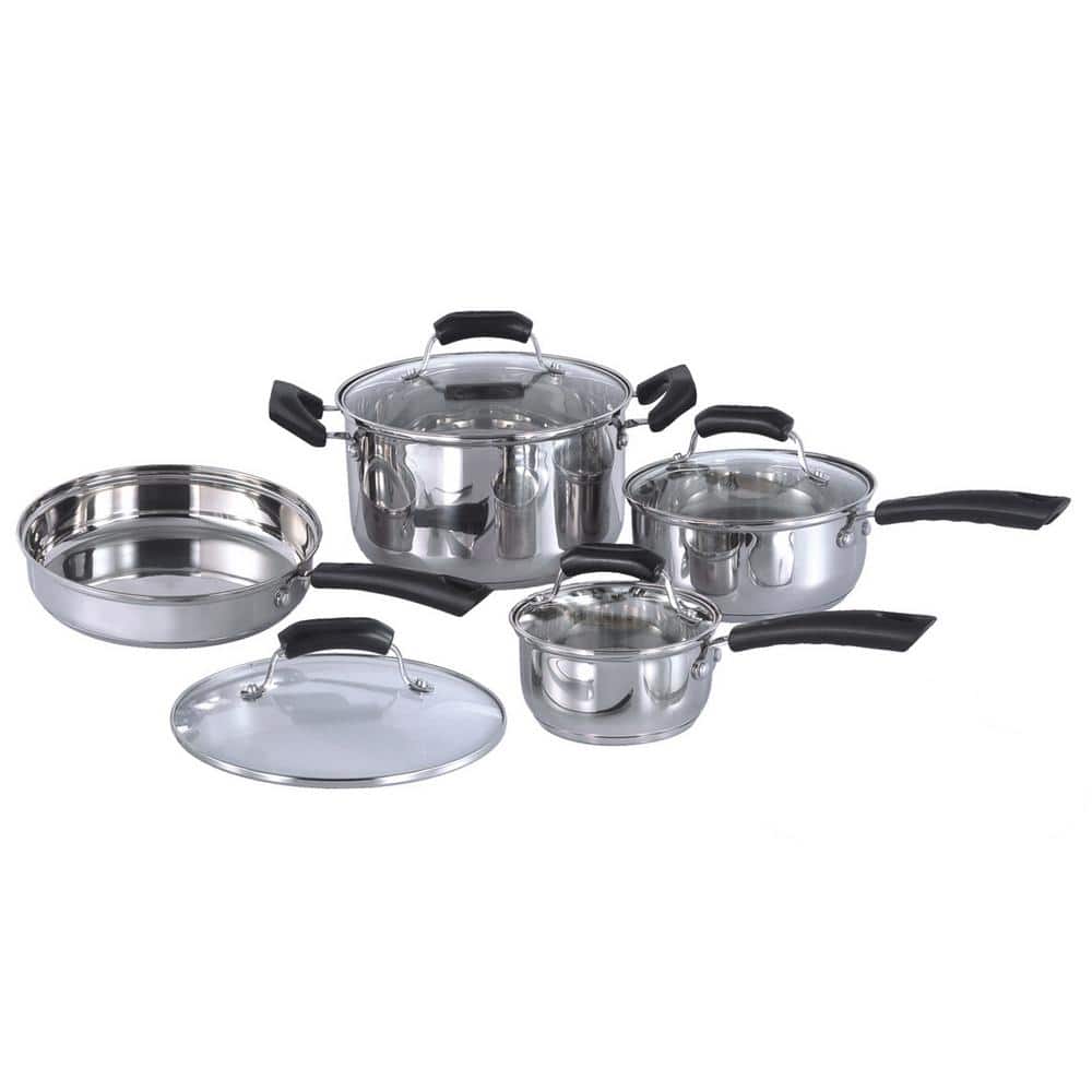 11-Piece Stainless Steel Cookware Set with Rubber Handles