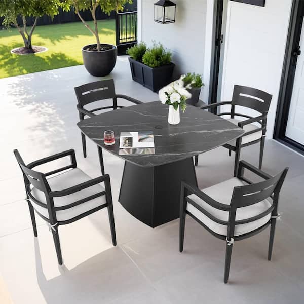 Lvod-Modern 5-Piece Aluminum Outdoor Dining Set with Sintered Stone Top Dining Table and Dining Chairs and Cushions