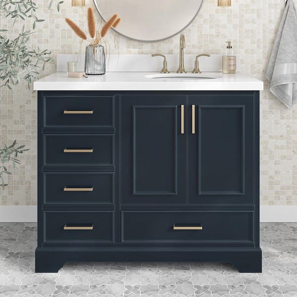ARIEL Stafford 43 in. W x 22 in. D x 36 in. H Right Single Sink Bath Vanity in Midnight Blue with Pure White Quartz Top