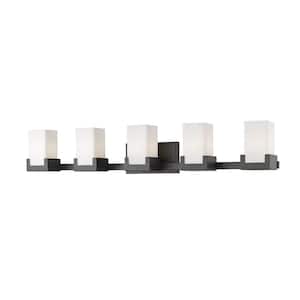 Peak 39.63 in. 5-Light Bronze Integrated LED Shaded Vanity Light with Clear and Matte Opal Glass Shade